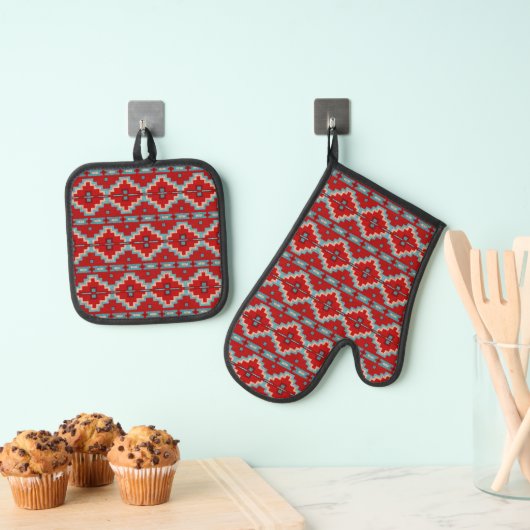 Zuidwest Mesas Rood en Turquoise Geometrisch Ontwe Ovenwant & Pannenlap Set (Insitu(Ophanging))