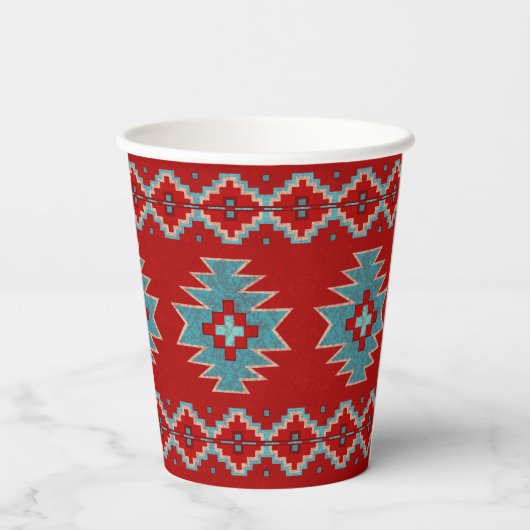 Zuidwest Mesas Rood en Turquoise Geometrisch Ontwe Papieren Bekers (Achterkant)