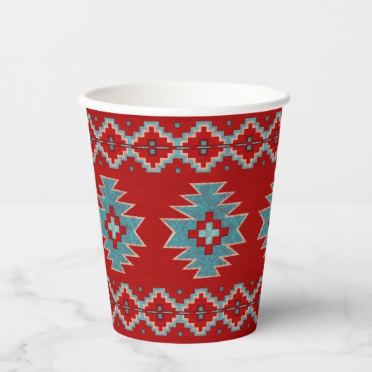 Zuidwest Mesas Rood en Turquoise Geometrisch Ontwe Papieren Bekers (Voorkant)