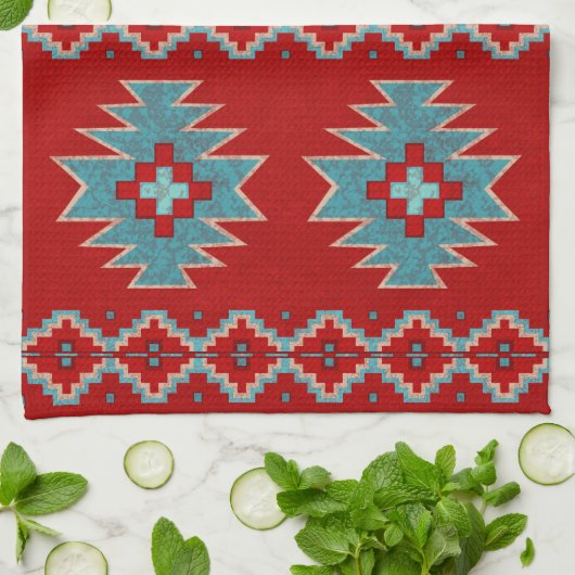 Zuidwest Mesas Rood en Turquoise Theedoek (Gevouwen)