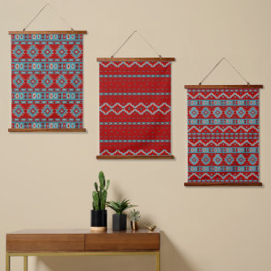 Zuidwest Mesa's Turquoise & Rode Geometrische Patr Hangend Wandkleed