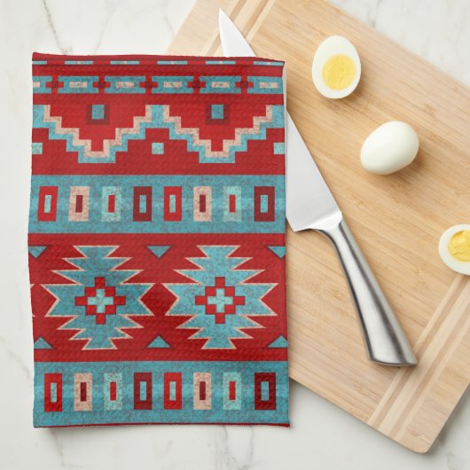 Zuidwest Mesas Turquoise & Rood Theedoek (Quarter Fold)