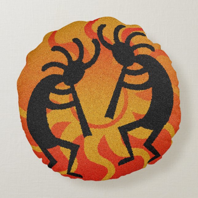 Zuidwest-Oranje Tribal Desert Sun Kokopelli Rond Kussen (Achterkant)