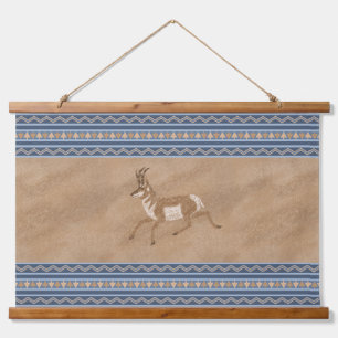 Zuidwest Pronghorn Running Antelope Blue Border Hangend Wandkleed