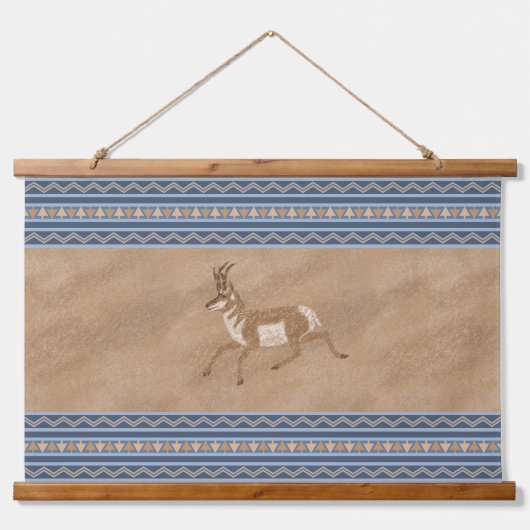 Zuidwest Pronghorn Running Antelope Blue Border Hangend Wandkleed (Voorkant)