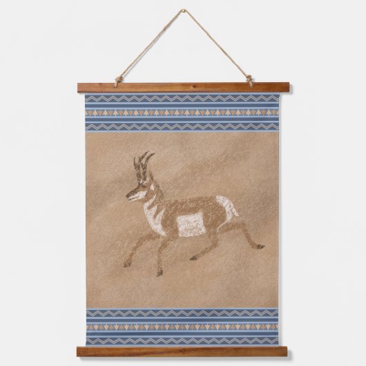 Zuidwest Pronghorn Running Antelope Blue Border Hangend Wandkleed (Voorkant)