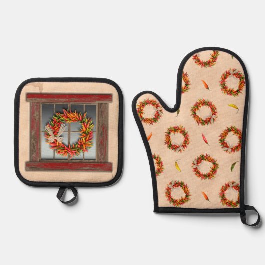 Zuidwest Red Weathered Window en Chili Kransen Ovenwant & Pannenlap Set (Voorkant)