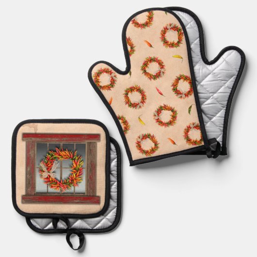 Zuidwest Red Weathered Window en Chili Kransen Ovenwant & Pannenlap Set (Voorkant / Achterkant)