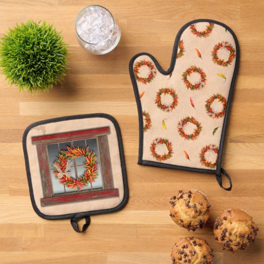 Zuidwest Red Weathered Window en Chili Kransen Ovenwant & Pannenlap Set (Top down)