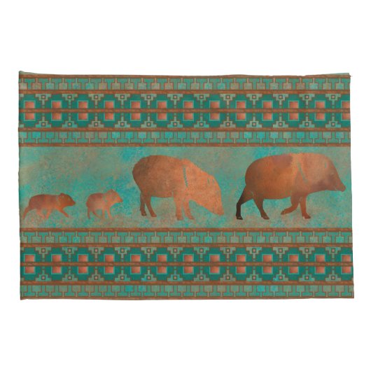 Zuidwest Schattige Javelina Familie Koper Blauwgro Kussensloop (Achterkant-Rechts)