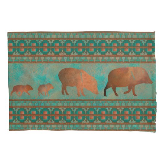 Zuidwest Schattige Javelina Familie Koper Blauwgro Kussensloop (Voorkant-Links)