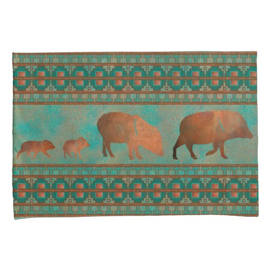 Zuidwest Schattige Javelina Familie Koper Blauwgro Kussensloop (Voorkant-Rechts)