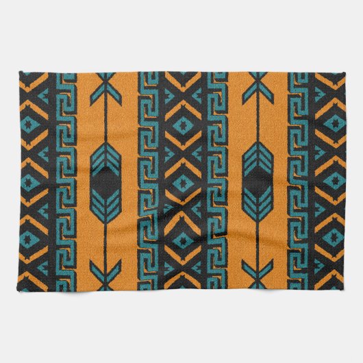 Zuidwest-Sinaasappel en Turquoise Azteekse Patroon Theedoek (Horizontaal)