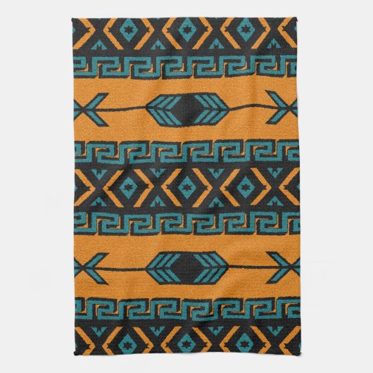 Zuidwest-Sinaasappel en Turquoise Azteekse Patroon Theedoek (Verticaal)