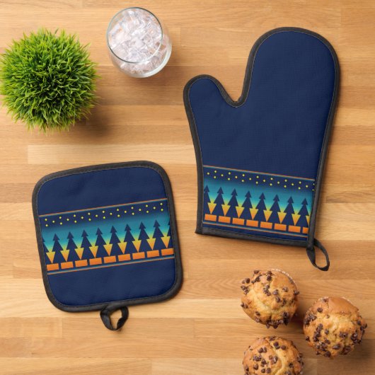 Zuidwest Sunset Pines Blauw Ovenwant & Pannenlap Set (Top down)