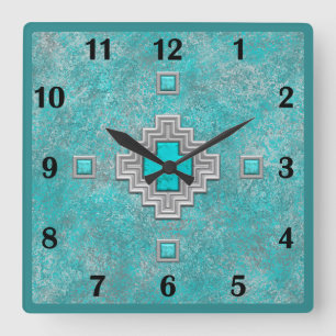 Zuidwest Turquoise Steen Geometrische Basisnummers Vierkante Klok