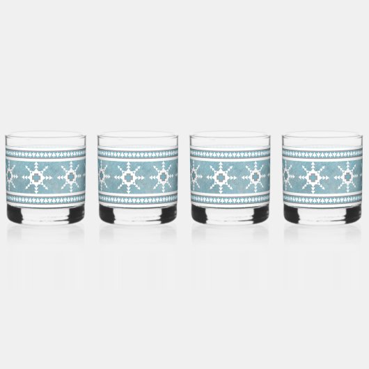 Zuidwest Winter Geometrische Sneeuwvlokken Blauw & Whisky Glas (Voorkant)