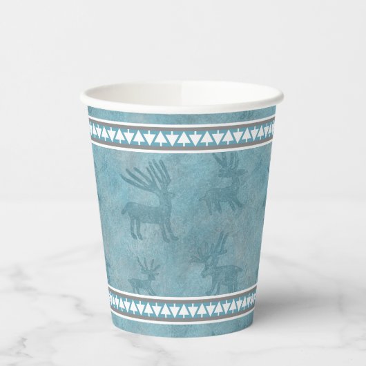 Zuidwest Winter Herten en Pine Trees Design Blauw Papieren Bekers (Links)