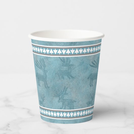 Zuidwest Winter Herten en Pine Trees Design Blauw Papieren Bekers (Voorkant)