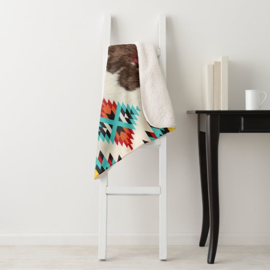 zuidwestelijk Koeienhuid Turquoise Aztec Pattern Sherpa Deken (In situ)