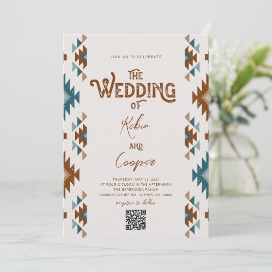 Zuidwestelijke bruiloft uitnodiging met QR-code (Staand voorkant)