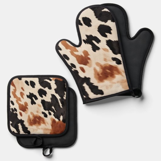 Zuidwestelijke bruine crème zwart Koeienhuid Ovenwant & Pannenlap Set (Voorkant / Achterkant)