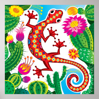 Zuidwestelijke gekko met cactusbloesem poster