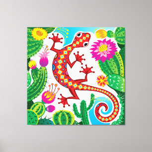 Zuidwestelijke gekko met cactusbloesems canvas afdruk