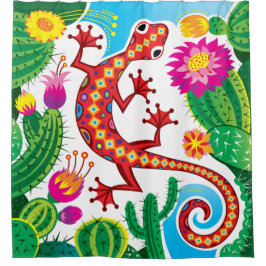 Zuidwestelijke gekko met cactusbloesems douchegordijn