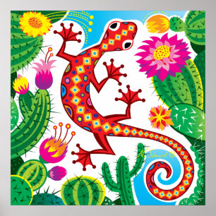 Zuidwestelijke gekko met cactusbloesems poster