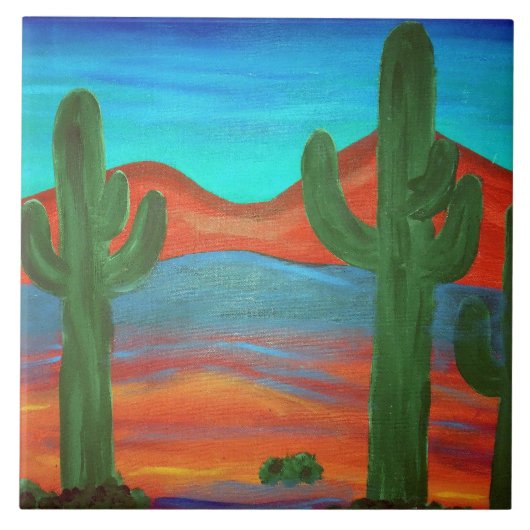 Zuidwestelijke Saguaro Sunset Schilderij Tegeltje (Voorkant)