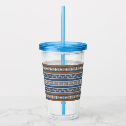 Zuidwestelijke Stijl Blauw en Bruin Geometrisch Pa Acryl Drinkbeker (Voorkant)