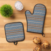 Zuidwestelijke Stijl Blauw en Bruin Geometrisch Pa Ovenwant & Pannenlap Set (Top down)