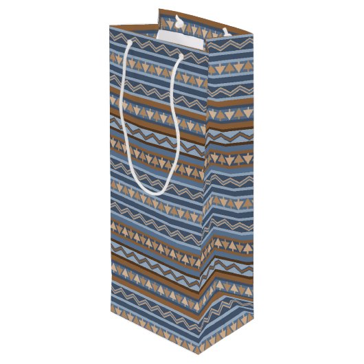 Zuidwestelijke Stijl Blauw en Bruin Geometrisch Pa Wijn Cadeautas (Achterkant Gekanteld)