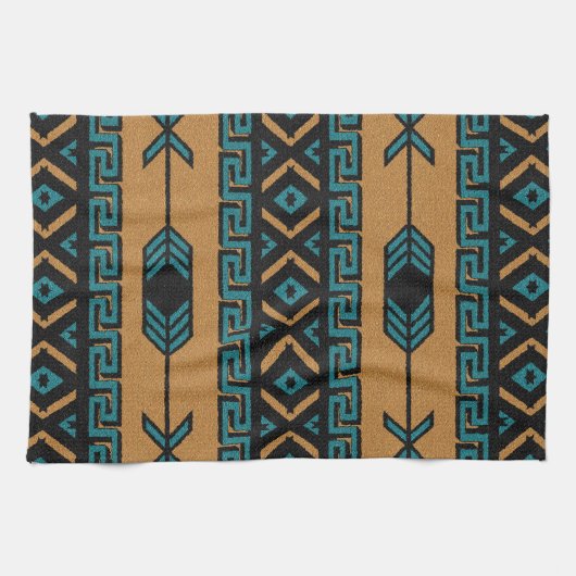 Zuidwestelijke Tan en Turquoise Azteekse Patroon Theedoek (Horizontaal)