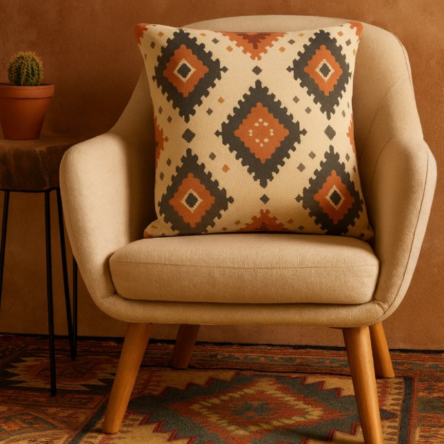 Zuidwestelijke Terracotta en Houtskool Diamant Kussen (southwestern diamond pattern throw pillow)