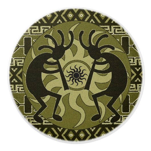 Zuidwestelijke Tribal Sun Aztec Patroon Kokopelli Keramische Knop (Voorkant)