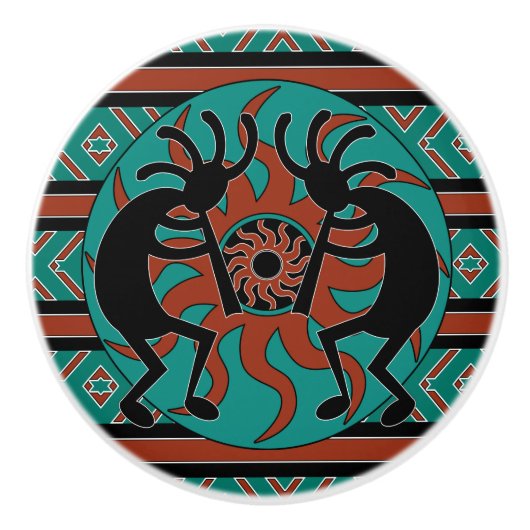Zuidwestelijke Turquoise Tribal Sun Kokopelli Keramische Knop (Voorkant)