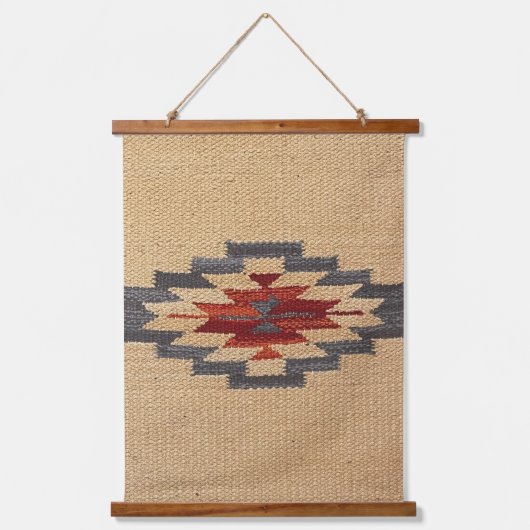 Zuidwestelijke weefselprint, tarwe, blauw en rood hangend wandkleed (Voorkant)