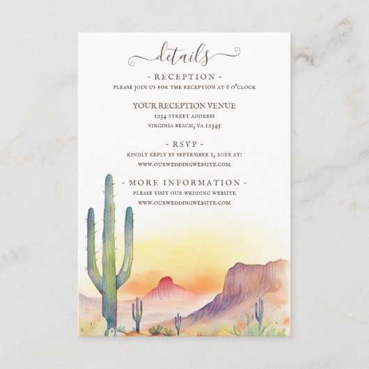 Zuidwestelijke woestijn cactus bruiloft details informatiekaartje (Voorkant)