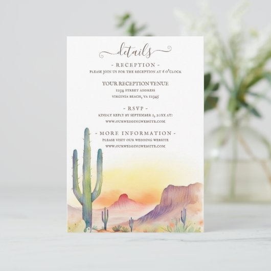 Zuidwestelijke woestijn cactus bruiloft details informatiekaartje (Staand voorkant)