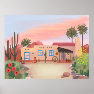 Zuidwestelijke woestijncactus Adobe House Poster