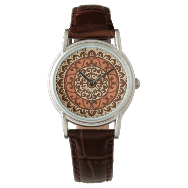 Zuidwestelijke Zon Mandala Batik, Roest & Bruin Horloge (Voorkant)