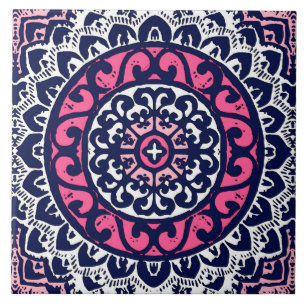 Zuidwestelijke Zon Mandala, Fuchsia, Marine & Wit Tegeltje