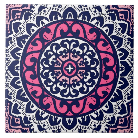 Zuidwestelijke Zon Mandala, Fuchsia, Marine & Wit Tegeltje (Voorkant)