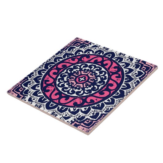 Zuidwestelijke Zon Mandala, Fuchsia, Marine & Wit Tegeltje (Zijkant)