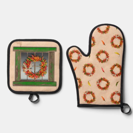 Zuidwesten Green Weathered Window en Chili kransen Ovenwant & Pannenlap Set (Voorkant)
