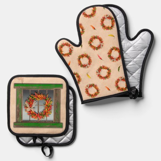 Zuidwesten Green Weathered Window en Chili kransen Ovenwant & Pannenlap Set (Voorkant / Achterkant)