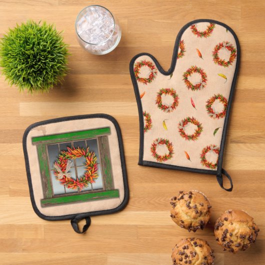 Zuidwesten Green Weathered Window en Chili kransen Ovenwant & Pannenlap Set (Top down)