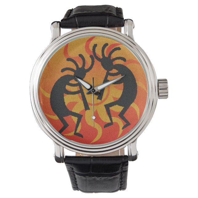 Zuidwesten Kokopelli Sinaasappel Zwart Tribal Sun Horloge (Voorkant)